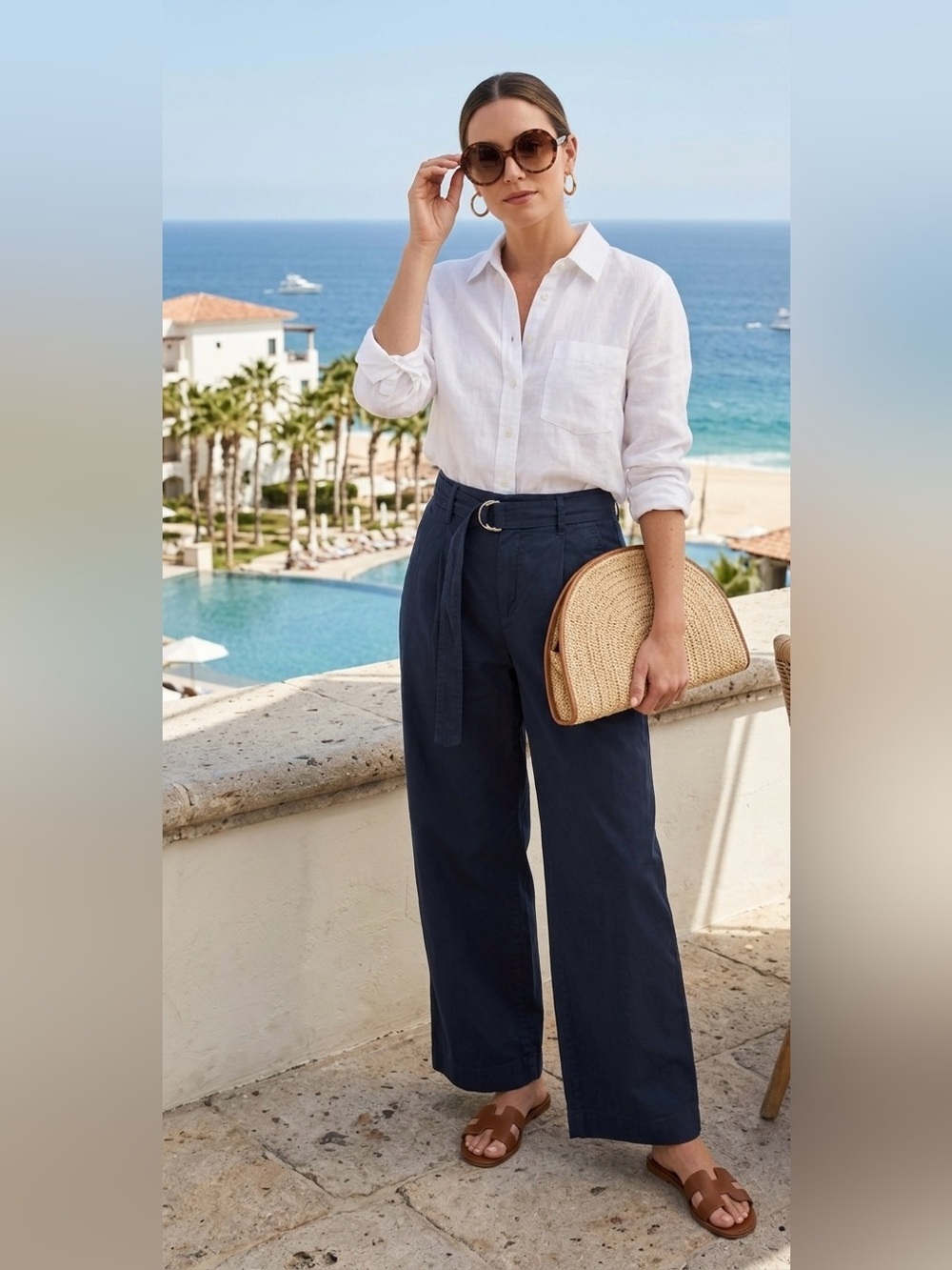Everlane Navy Organic Cotton Wide Leg Belted Pants Size 4R